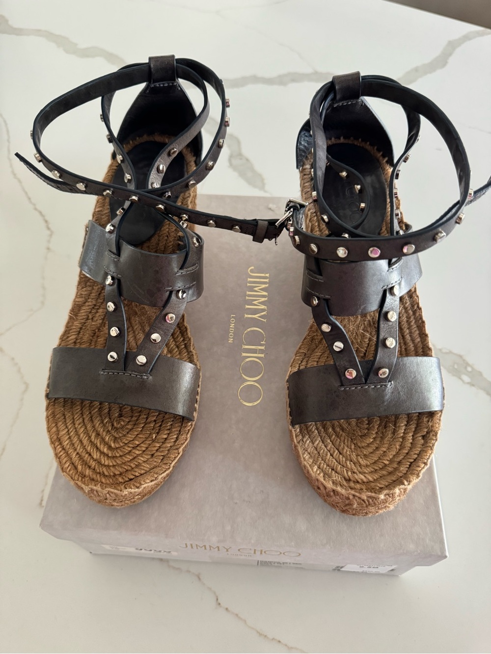 Jimmy Choo Blue/Gray Studded Leather Espadrilles with Ankle Wrap